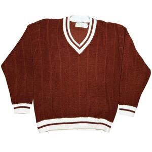 Vtg 70s Pebble Beach of California Sweater Mens M V-Neck Knit Brown Varsity